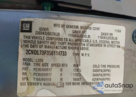 2005 Chevrolet Equinox Lt from USA, damaged, VIN 2CNDL73F356114733